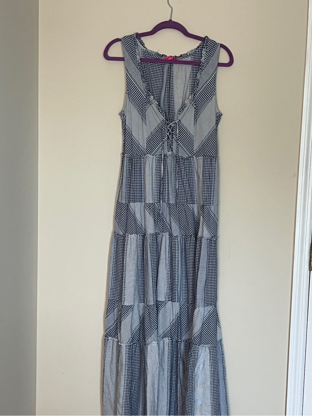 Betsey Johnson Navy and White Tiered Maxi Dress with Front Tie